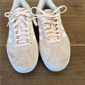 adidas Women's Pale Pink Suede Sneakers with White Stripes